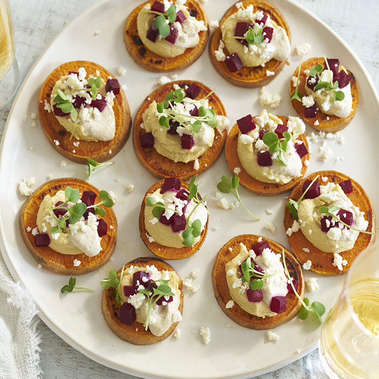 Hummus & Baba Ghanouj Toasted Sweet Potato Rounds