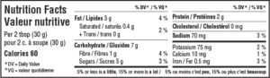 Nutritional facts table for Sweet Potato hummus