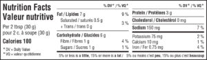 Nutritional facts table for Topped caramelized hummus