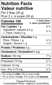 Nutritional facts table for Topped caramelized hummus