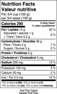 Nutritional facts table for pad thai salad