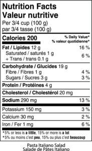 Nutritional facts table for Pasta Italiano salad