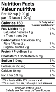 Nutritional facts table for Red skin potato salad