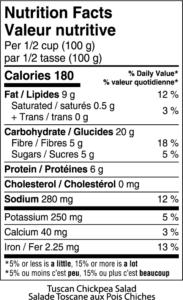 Nutritional facts table for Tuscan chickpea salad